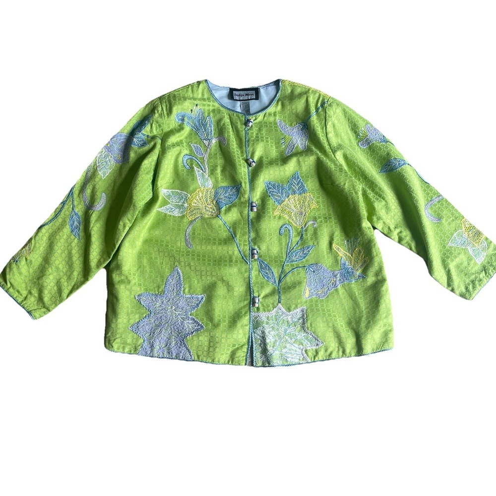 Indigo Moon Women's Jacket Lime Green XL Floral Embroidered Button Down QVC NWT